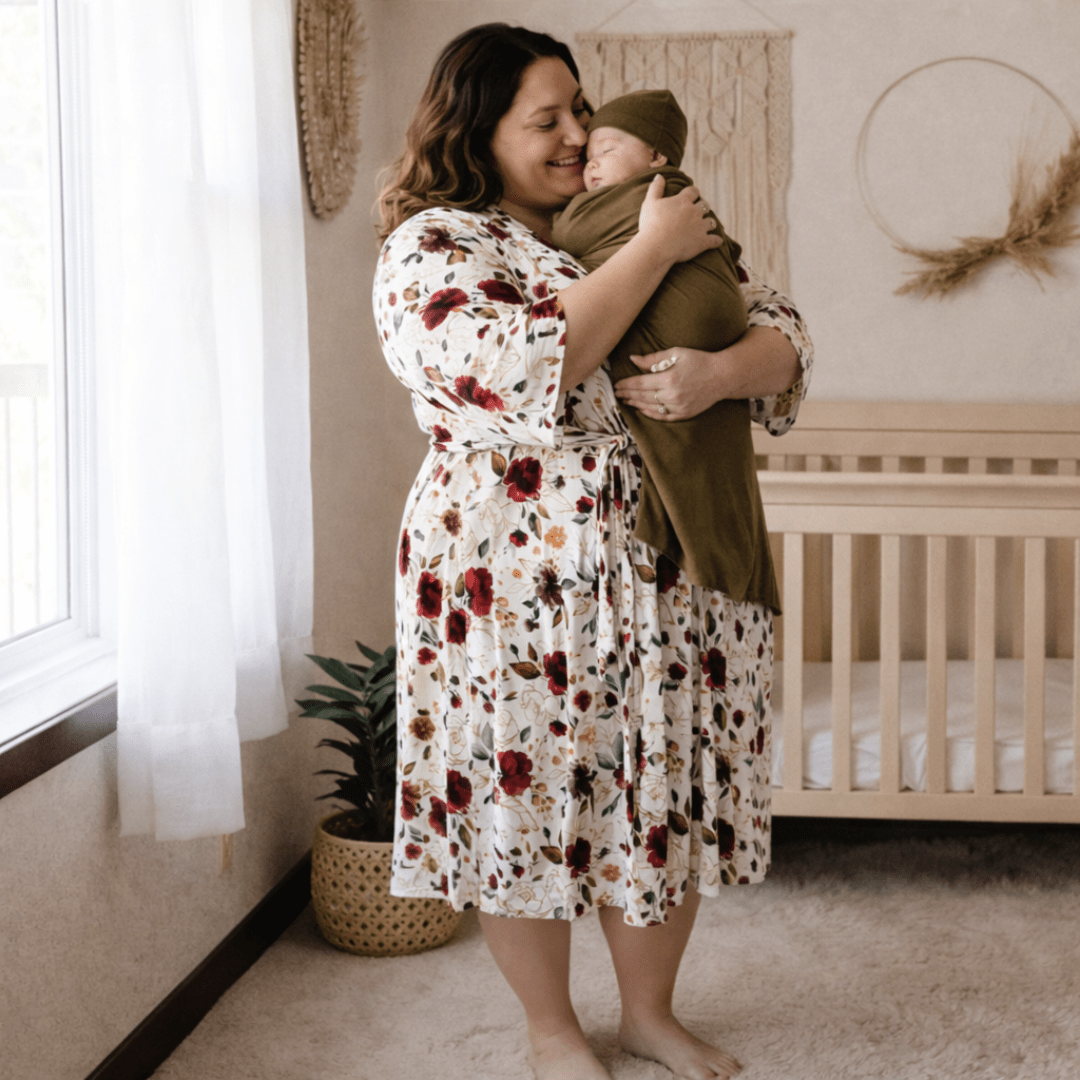 Red Rose Maternity Delivery Gown & Olive Green Swaddle - HAHA MAMA Clothing