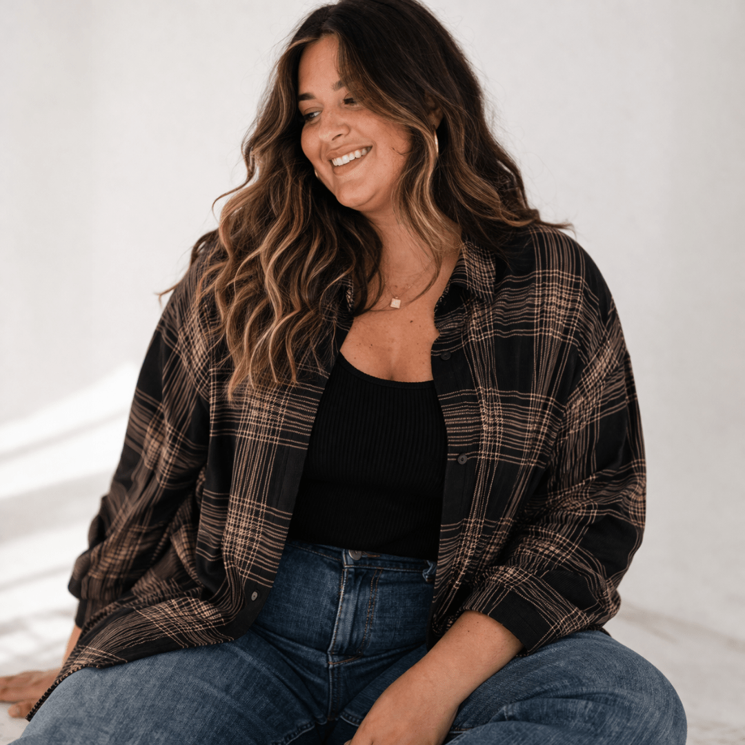 Black Plaid Ice Silk Shirt - Women - HAHA MAMA Clothing