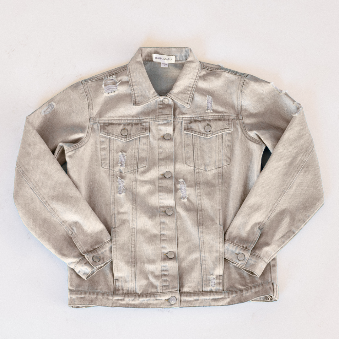 Khaki Distressed Denim Jean Jacket - Women