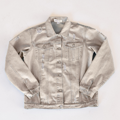 Khaki Distressed Denim Jean Jacket - Women