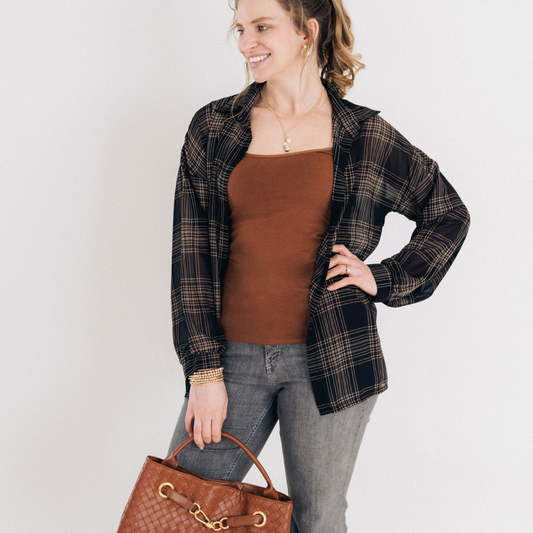 Black Plaid Ice Silk Shirt- Women