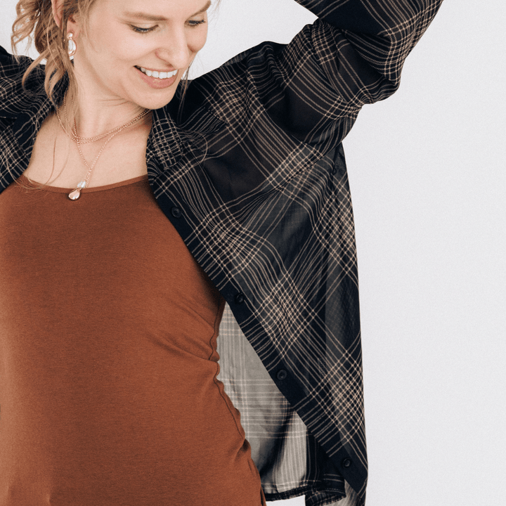 Black Plaid Ice Silk Shirt - Women - HAHA MAMA Clothing