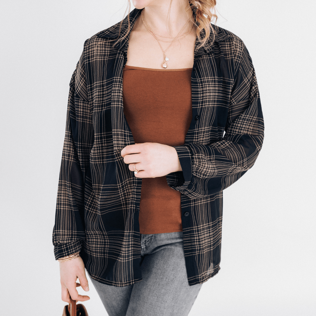 Black Plaid Ice Silk Shirt - Women - HAHA MAMA Clothing