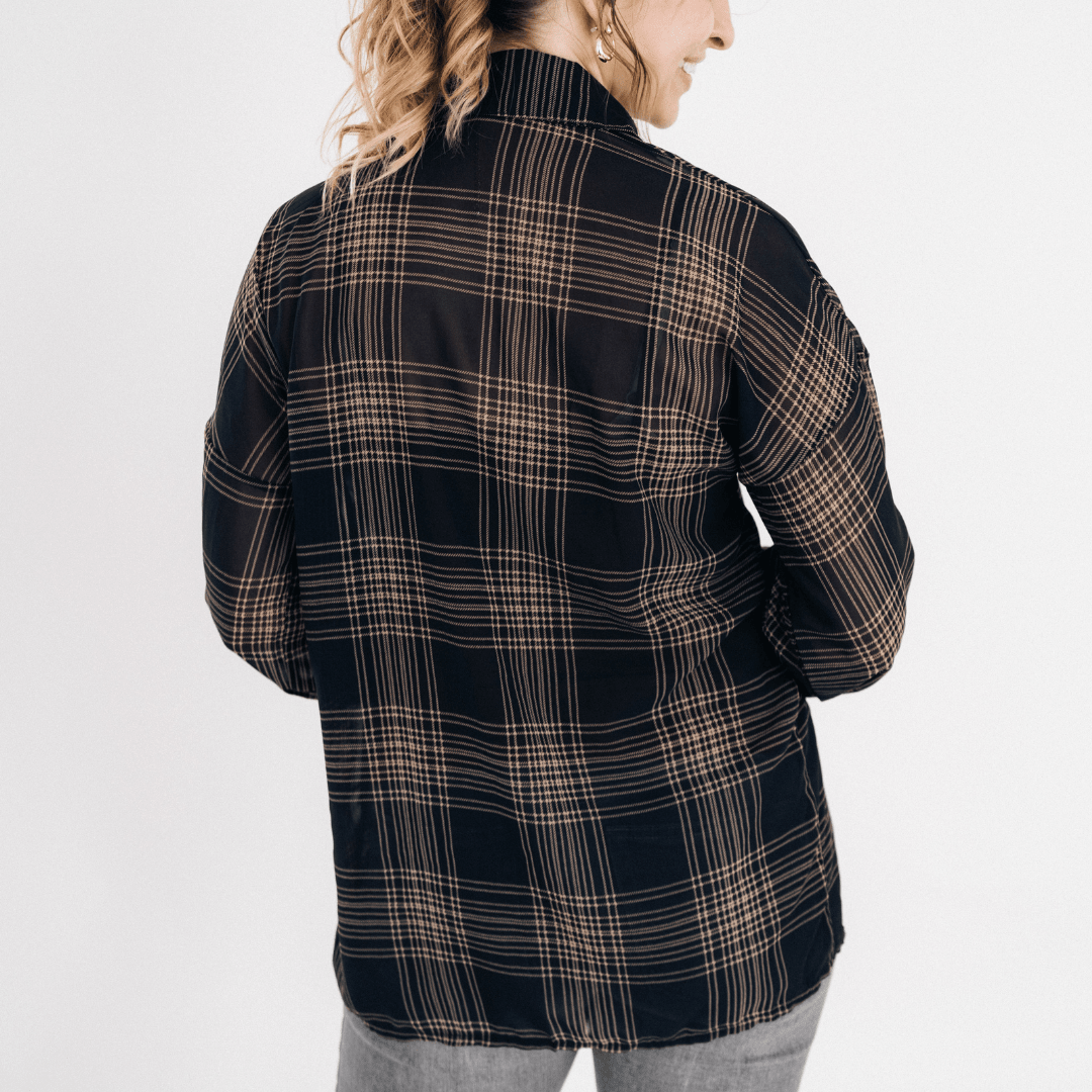 Black Plaid Ice Silk Shirt - Women - HAHA MAMA Clothing