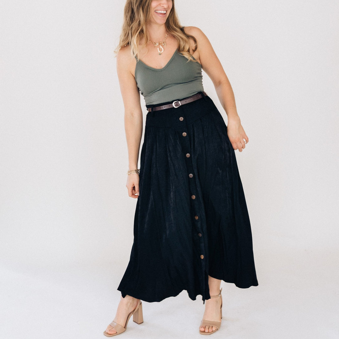 Belted Black Maxi Skirt With Buttons - Women - HAHA MAMA Clothing