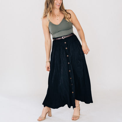 Belted Black Maxi Skirt With Buttons- Women