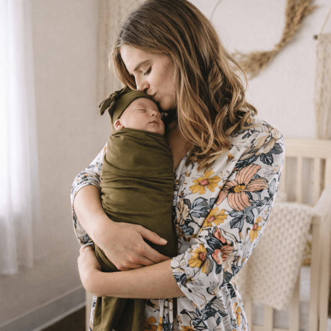 Vintage Floral Maternity Delivery Gown & Olive Green Swaddle - HAHA MAMA Clothing