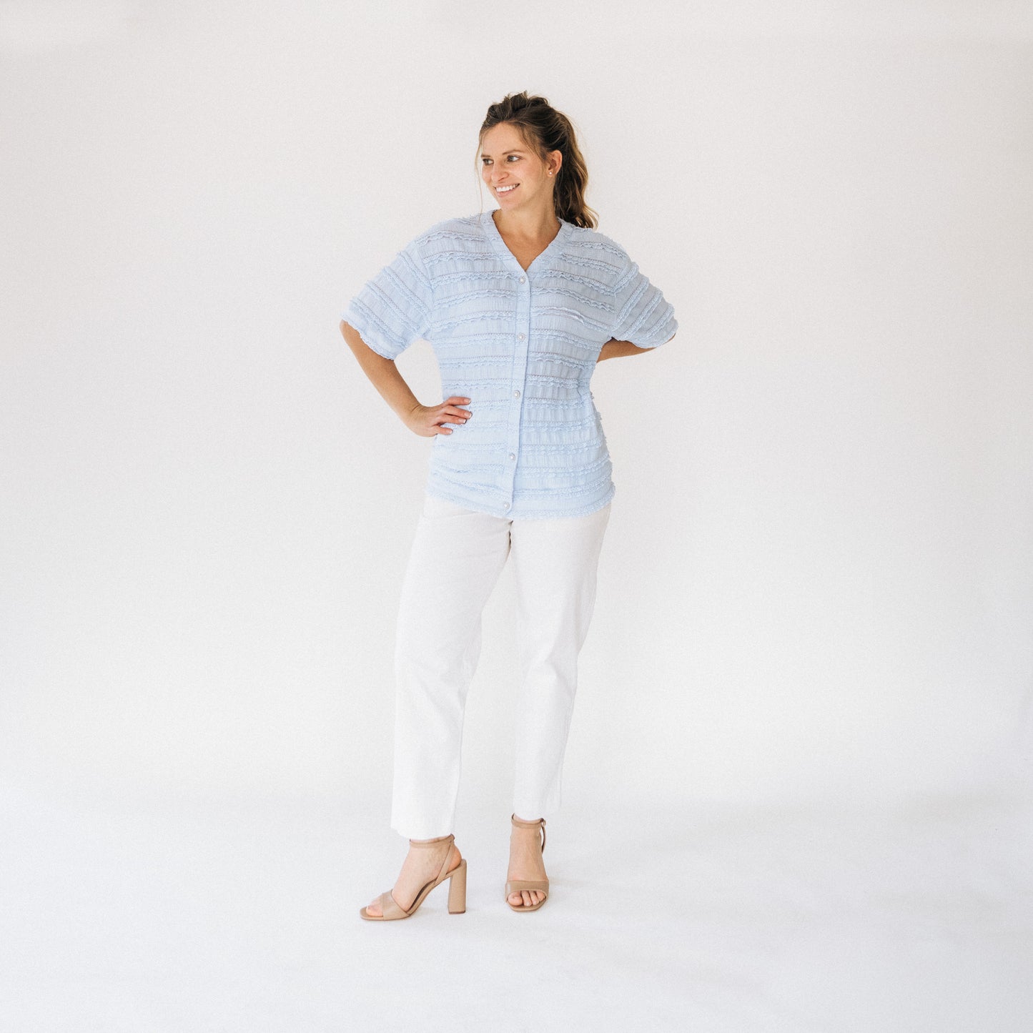 Ruffle Blue Pearl Cardigan- Women