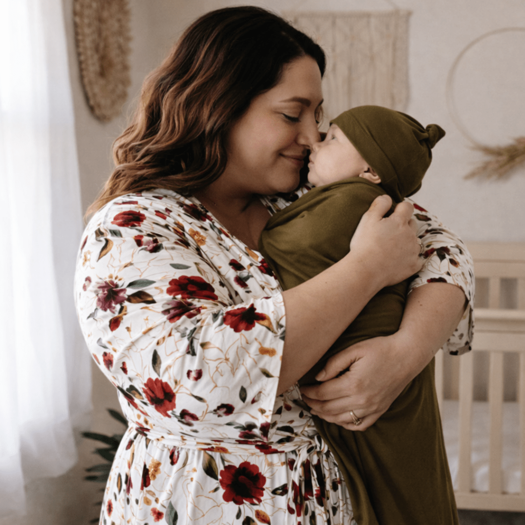 Red Rose Maternity Delivery Gown & Olive Green Swaddle - HAHA MAMA Clothing