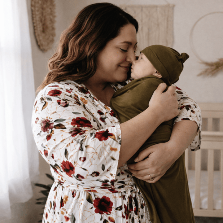 Red Rose Maternity Delivery Gown & Olive Green Swaddle - HAHA MAMA Clothing