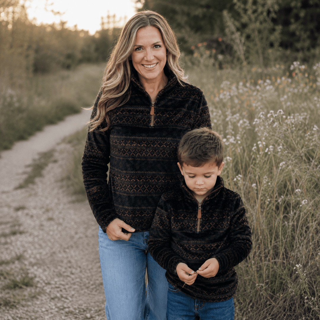 Aztec Printed Sherpa 1/4 Zip Pullover- Unisex - HAHA MAMA Clothing