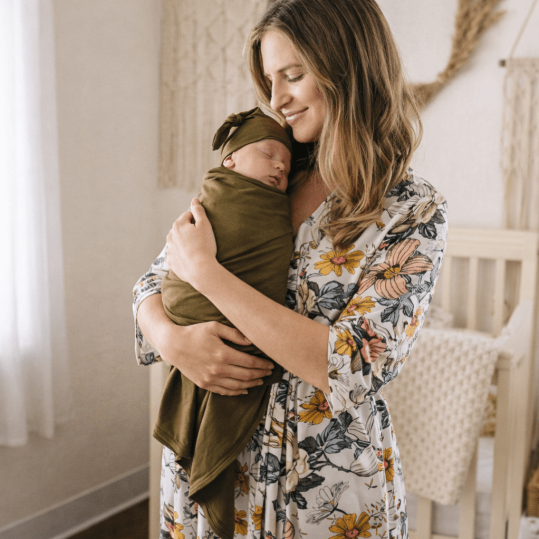 Vintage Floral Maternity Delivery Gown & Olive Green Swaddle - HAHA MAMA Clothing