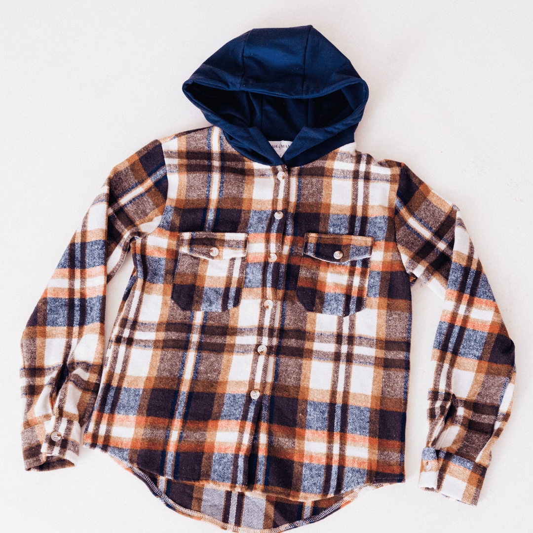 Navy Copper Plaid Flannel - Hooded Adult - HAHA MAMA Clothing