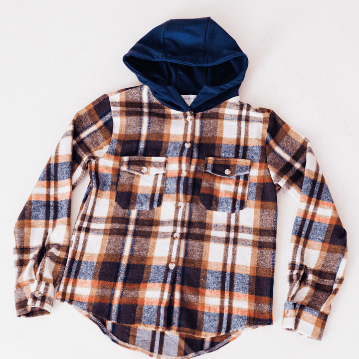 Navy Copper Plaid Flannel - Hooded Adult - HAHA MAMA Clothing