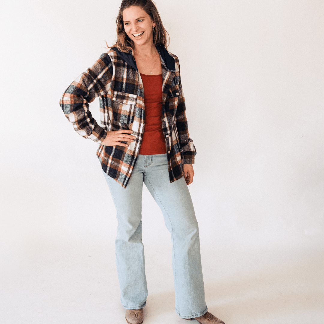 Navy Copper Plaid Flannel - Hooded Adult - HAHA MAMA Clothing