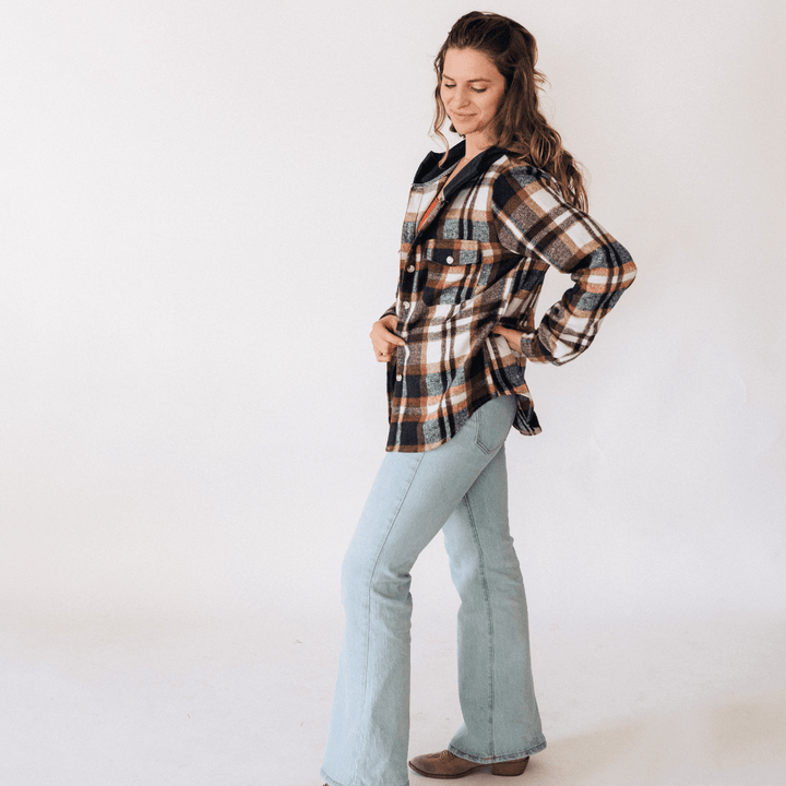 Navy Copper Plaid Flannel - Hooded Adult - HAHA MAMA Clothing