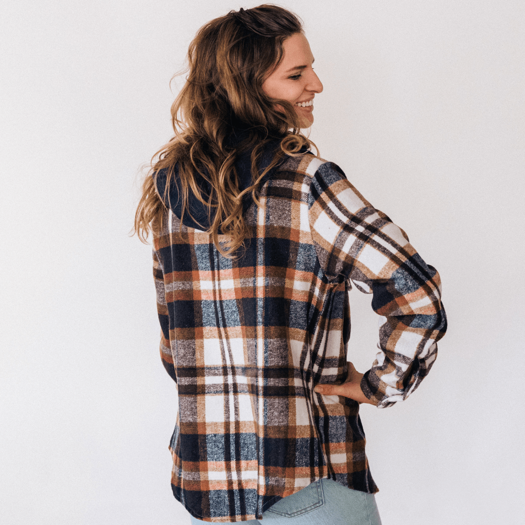 Navy Copper Plaid Flannel - Hooded Adult - HAHA MAMA Clothing