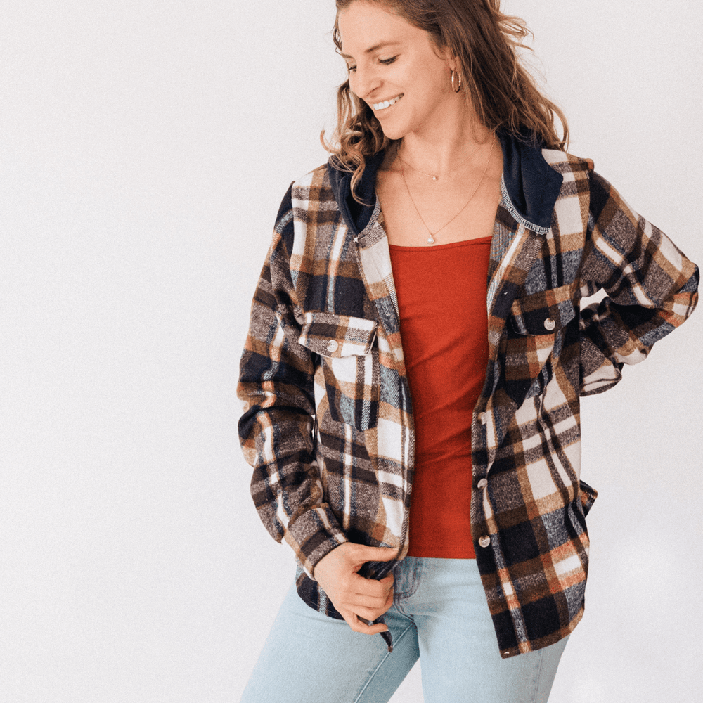 Navy Copper Plaid Flannel - Hooded Adult - HAHA MAMA Clothing