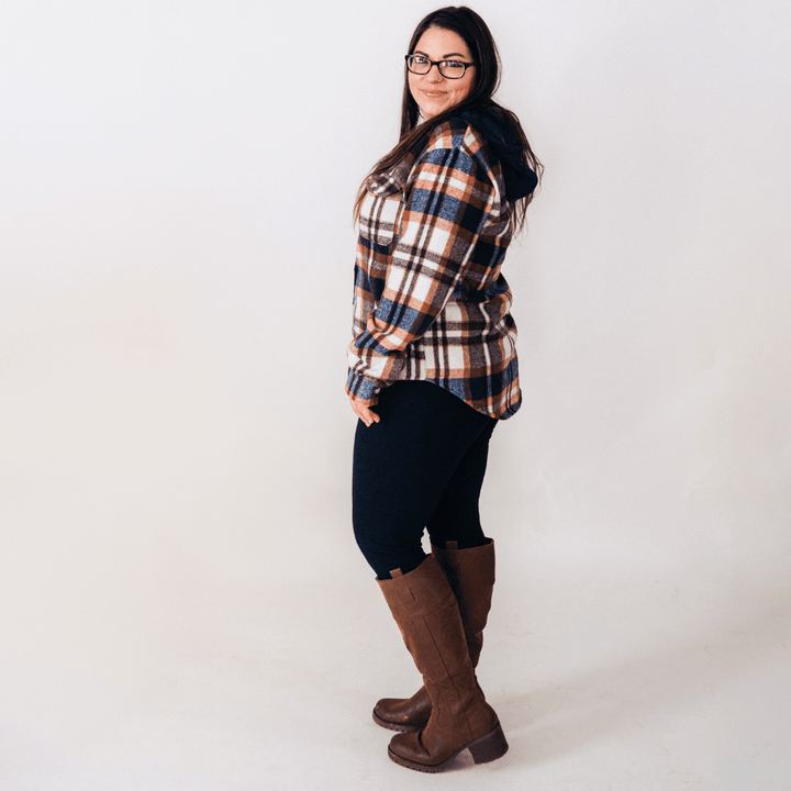 Navy Copper Plaid Flannel - Hooded Adult - HAHA MAMA Clothing