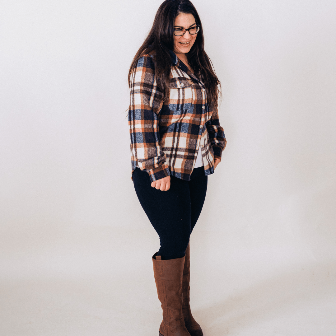 Navy Copper Plaid Flannel - Hooded Adult - HAHA MAMA Clothing