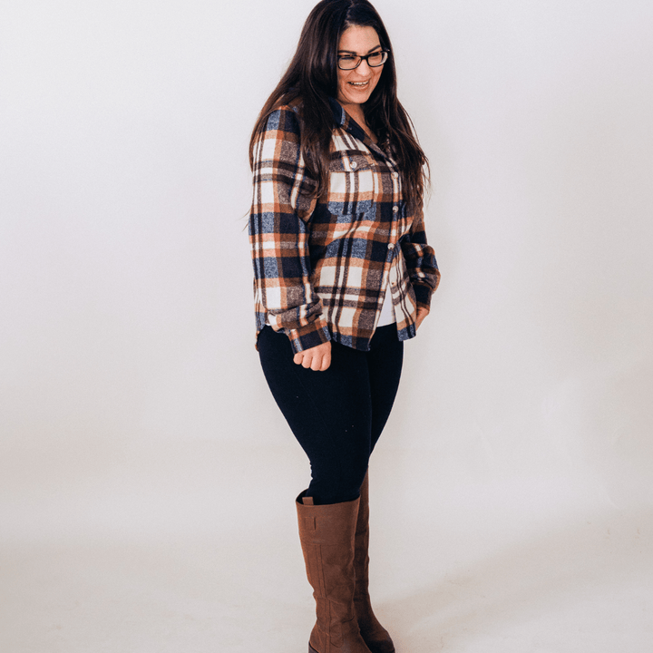 Navy Copper Plaid Flannel - Hooded Adult - HAHA MAMA Clothing