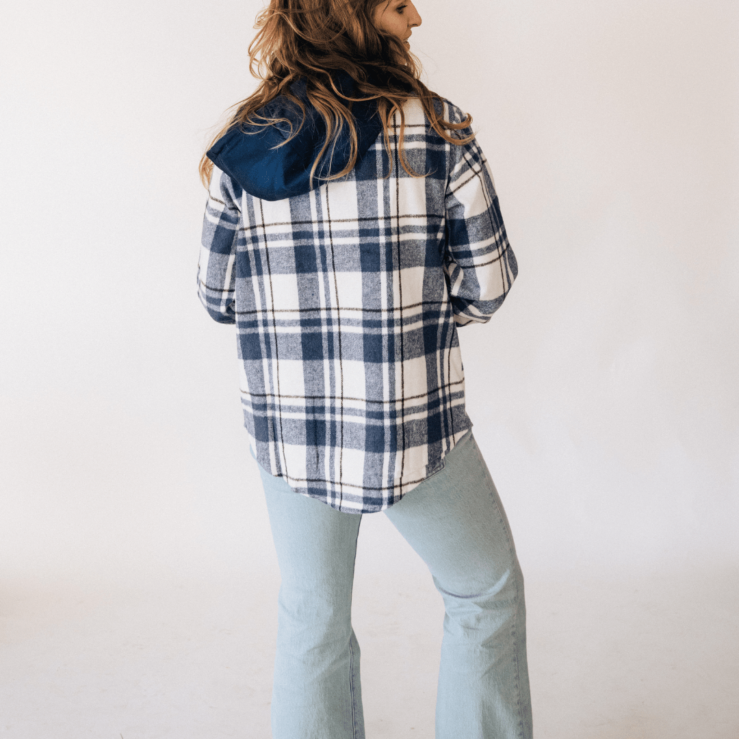 Navy Plaid Flannel - Hooded Adult - HAHA MAMA Clothing