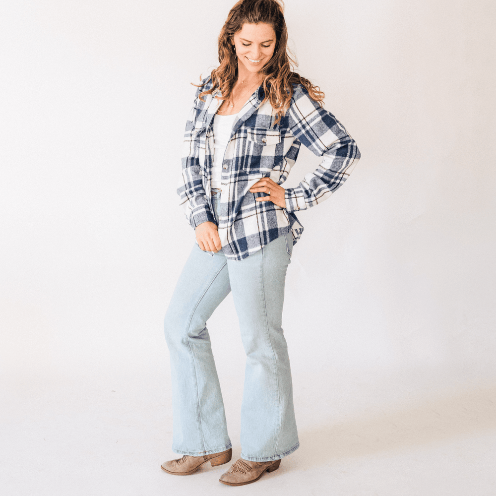 Navy Plaid Flannel - Hooded Adult - HAHA MAMA Clothing