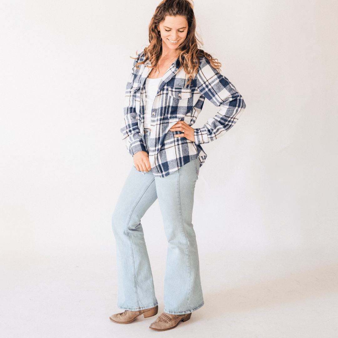 Navy Plaid Flannel - Hooded Adult - HAHA MAMA Clothing