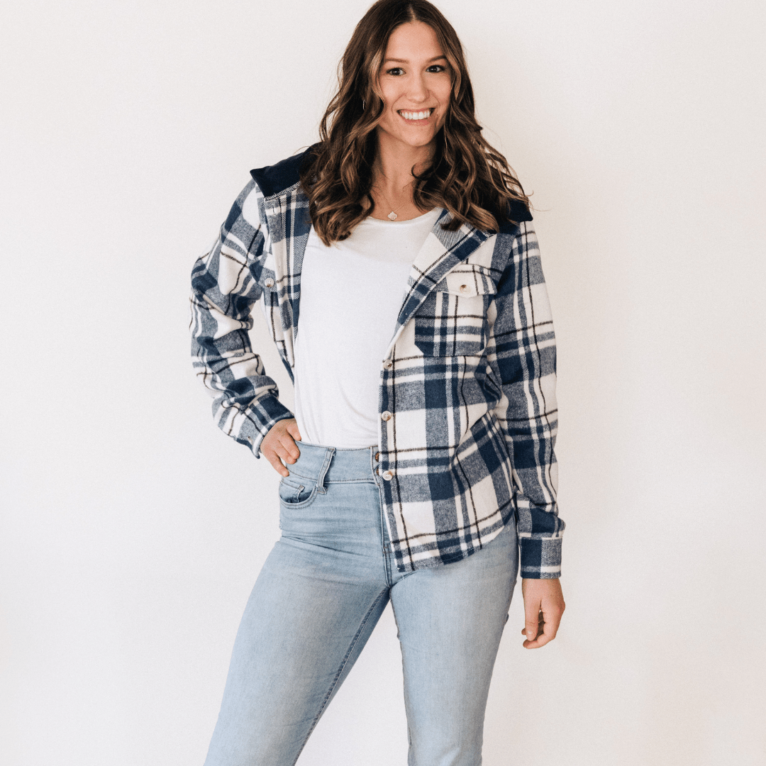 Navy Plaid Flannel - Hooded Adult - HAHA MAMA Clothing