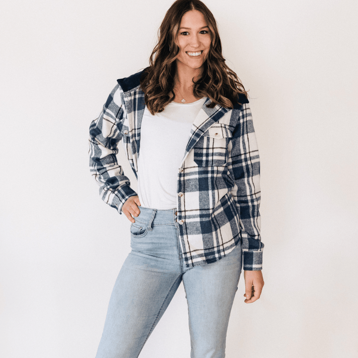 Navy Plaid Flannel - Hooded Adult - HAHA MAMA Clothing