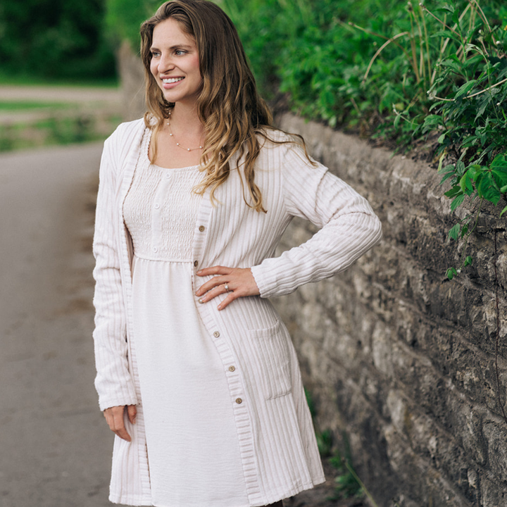 Neutral Off-White Smocked Long Sleeve Midi Dress- Women