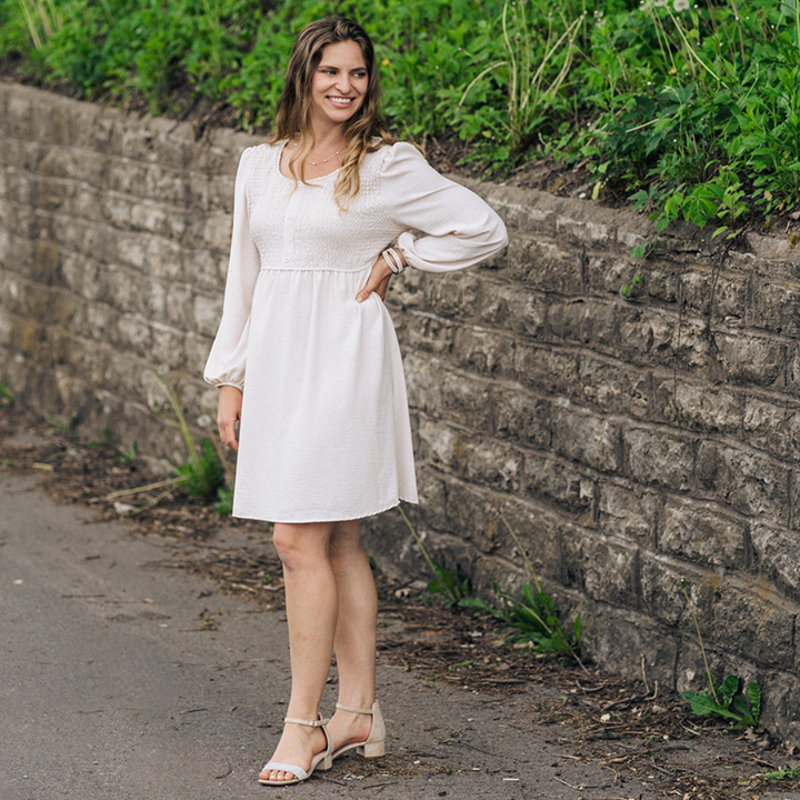 Neutral Off-White Smocked Long Sleeve Midi Dress- Women