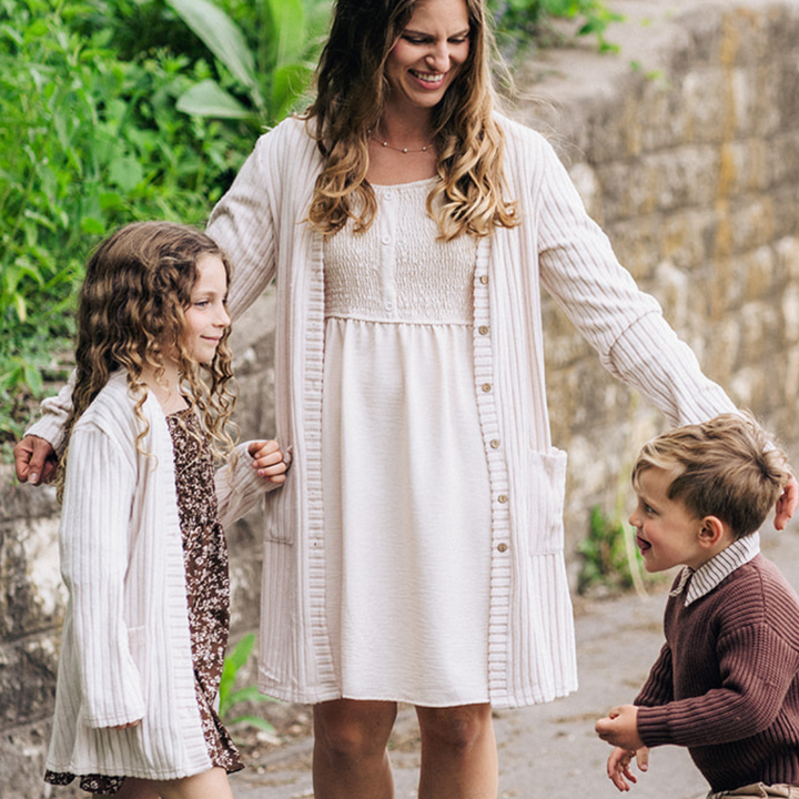 Neutral Off-White Smocked Long Sleeve Midi Dress- Women