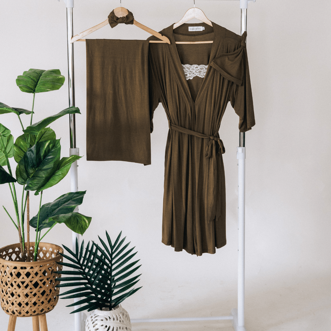 Olive Green Maternity Delivery Gown & Matching Swaddle | HAHA MAMA Small/Medium Olive Green Maternity Delivery Gown & Matching Swaddle | HAHA MAMA Small/Medium