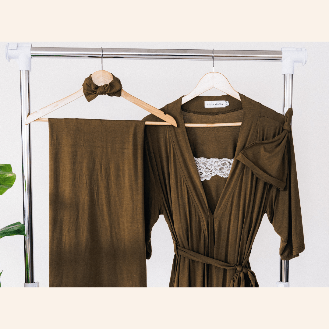 Olive Green Maternity Delivery Gown & Matching Swaddle - HAHA MAMA Clothing