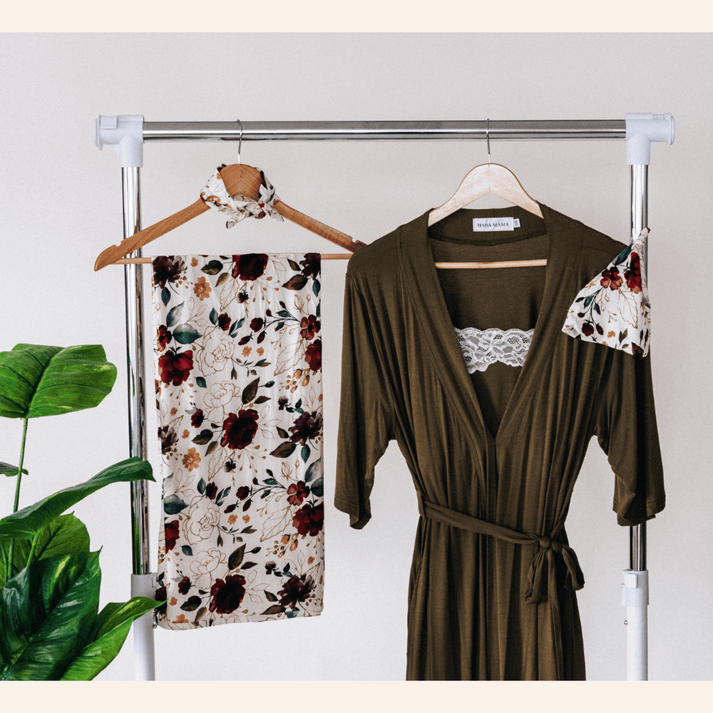 Olive Green Maternity Delivery Gown & Red Rose Swaddle - HAHA MAMA Clothing