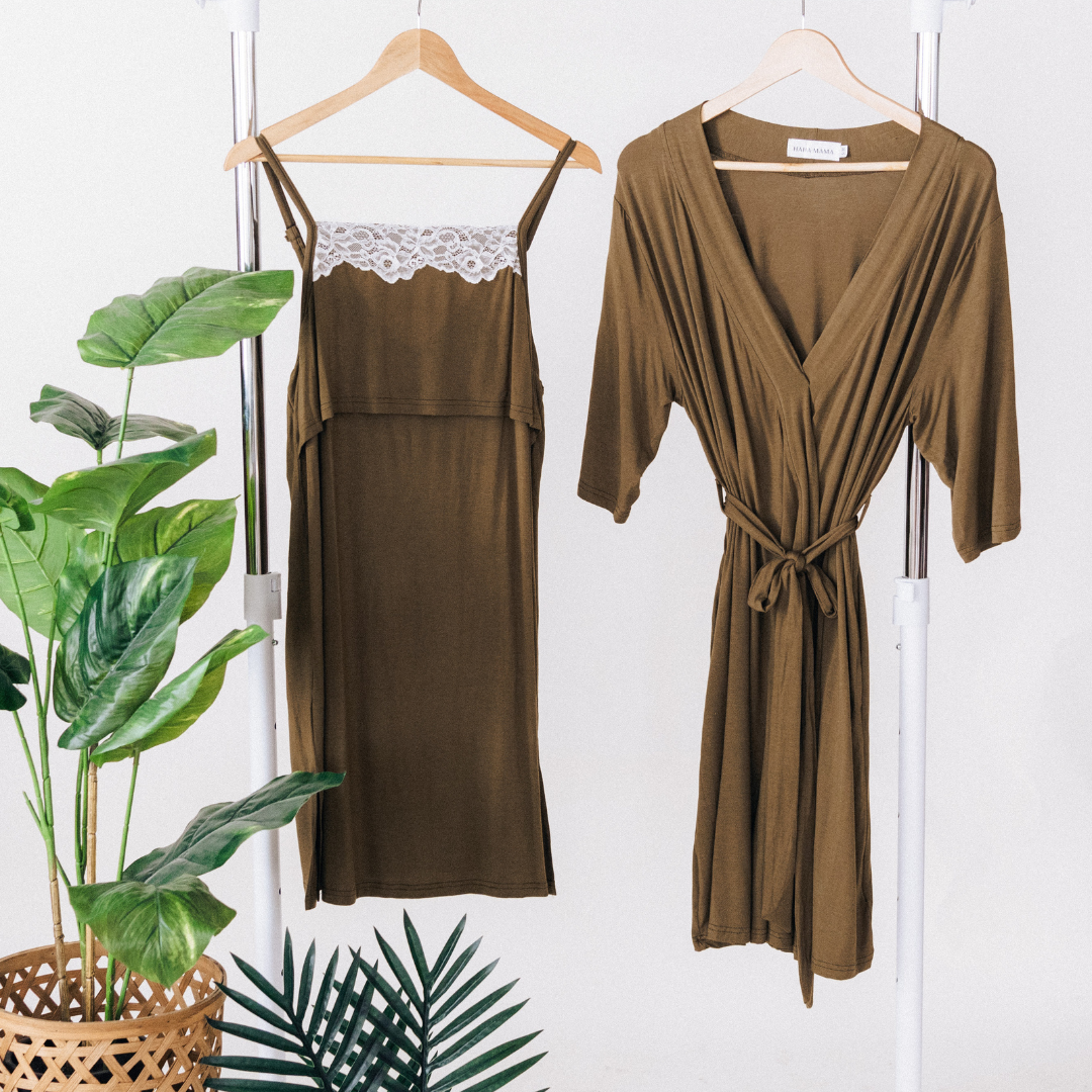 Olive Green Maternity Delivery Gown & Leafy Vine Swaddle