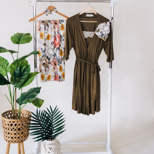 Olive Green Maternity Delivery Gown & Vintage Floral Swaddle
