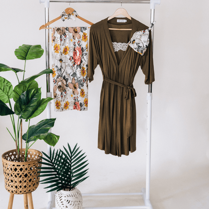 Olive Green Maternity Delivery Gown & Vintage Floral Swaddle - HAHA MAMA Clothing