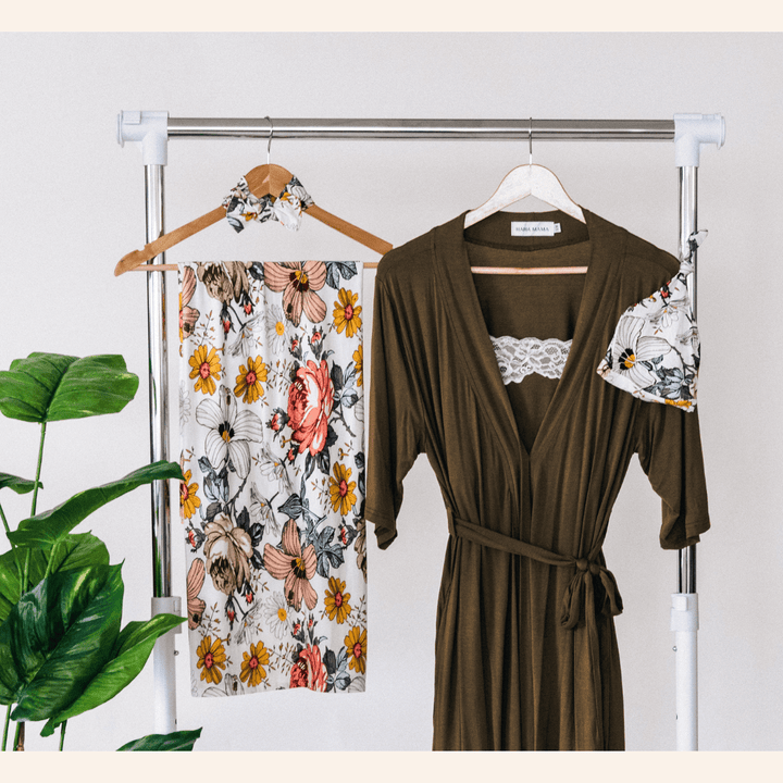 Olive Green Maternity Delivery Gown & Vintage Floral Swaddle - HAHA MAMA Clothing
