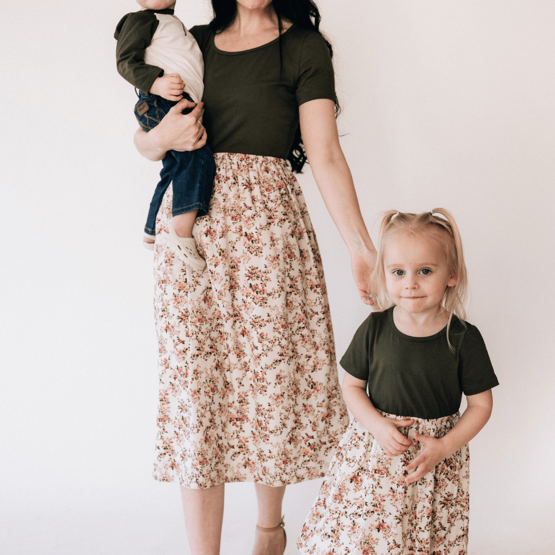 Olive Green Floral Dress - Child - HAHA MAMA Clothing