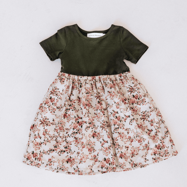 Olive Green Floral Dress - Child - HAHA MAMA Clothing