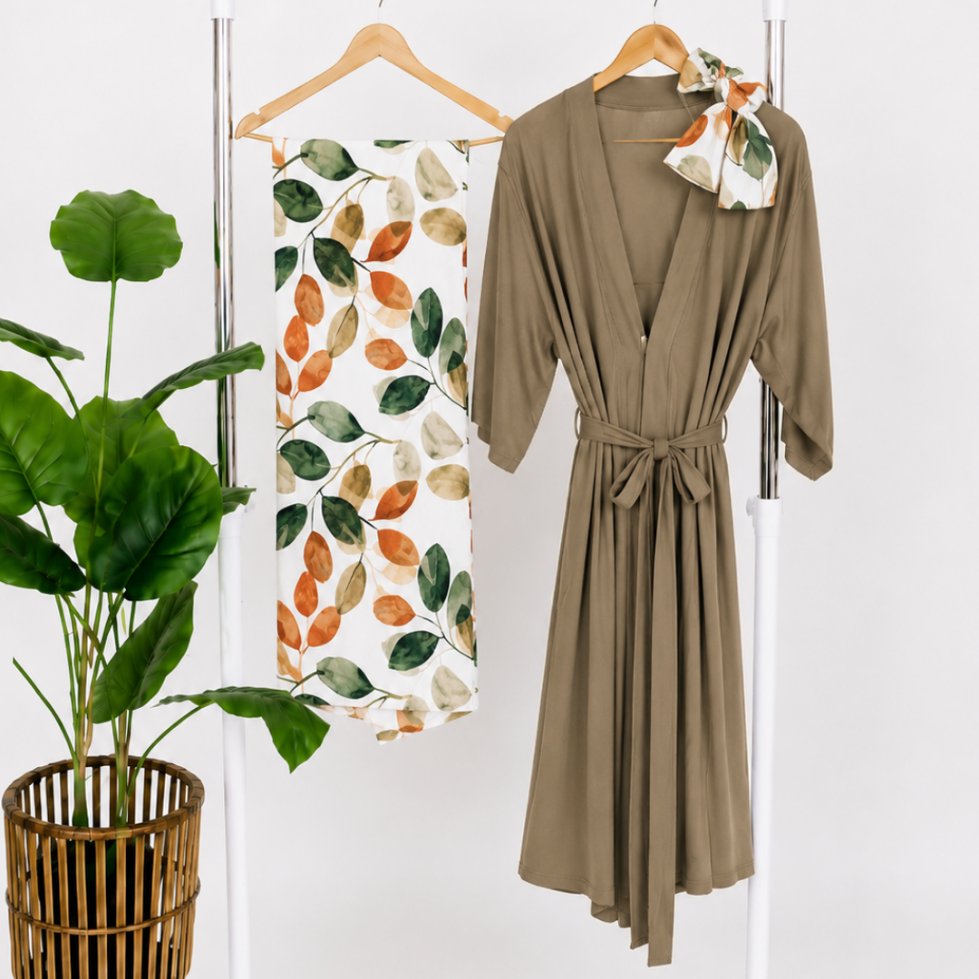 Olive Green Maternity Delivery Gown & Leafy Swaddle