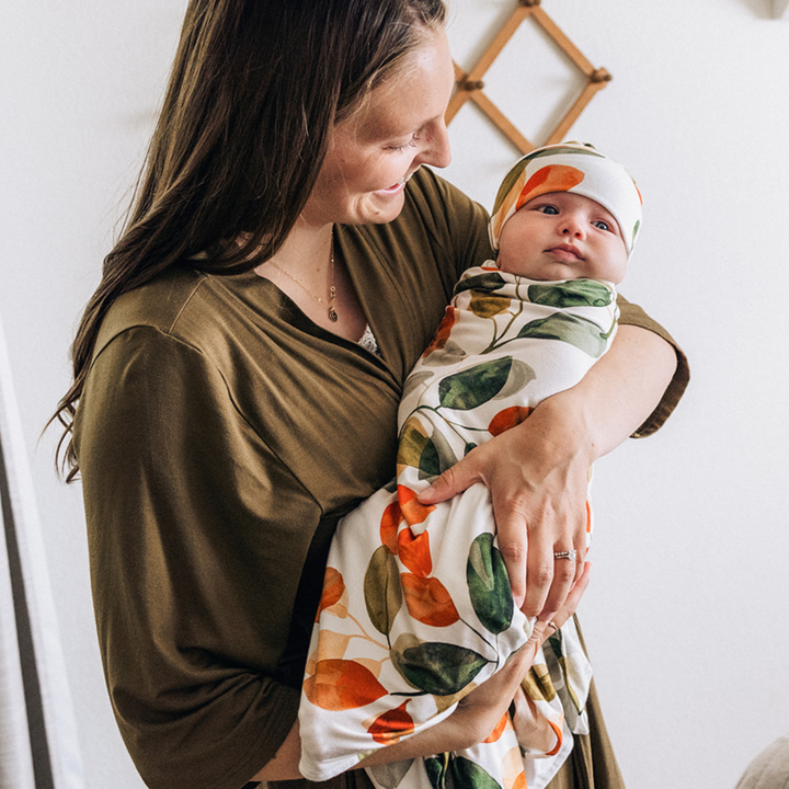 Olive Green Maternity Delivery Gown & Leafy Swaddle