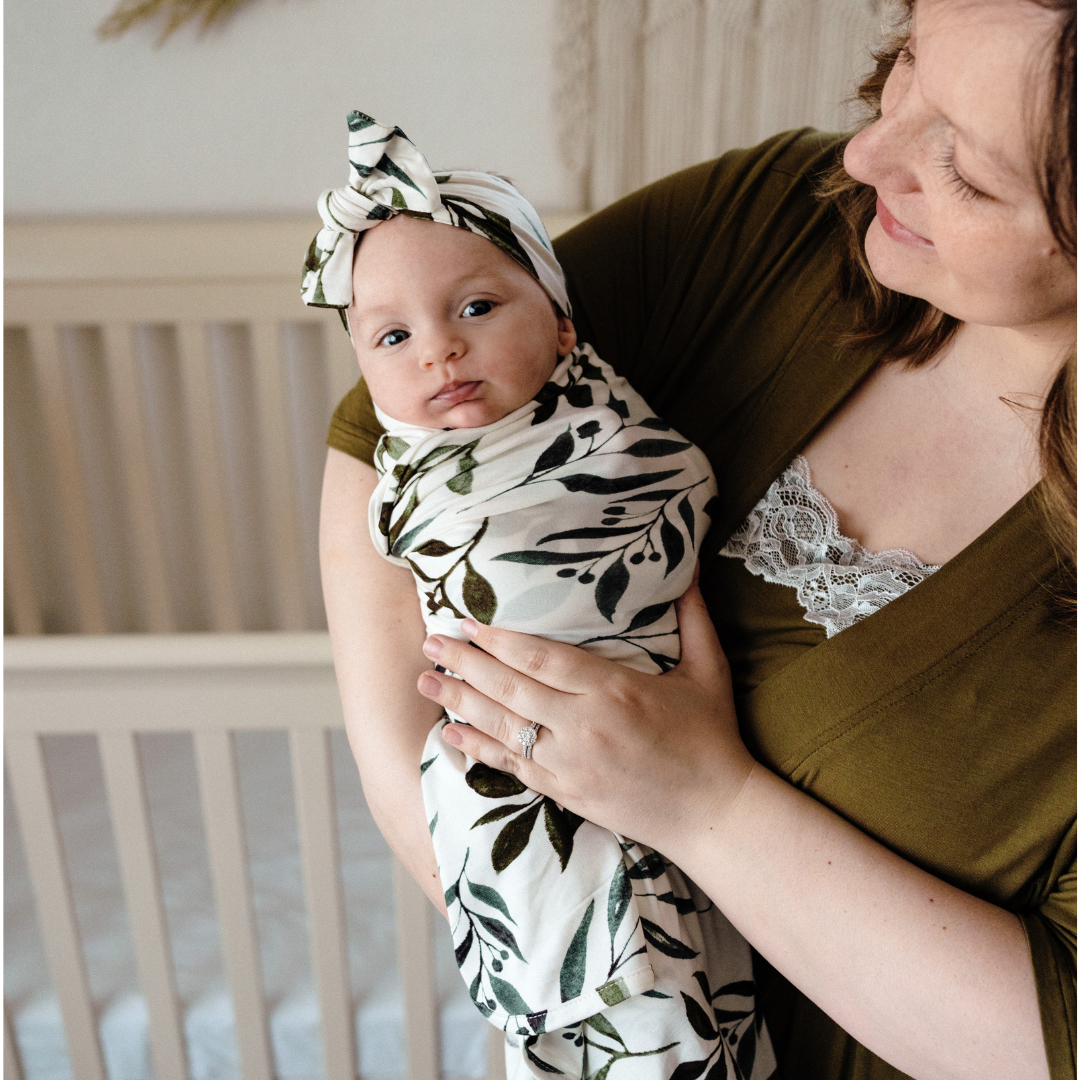 Olive Green Maternity Delivery Gown & Leafy Vine Swaddle