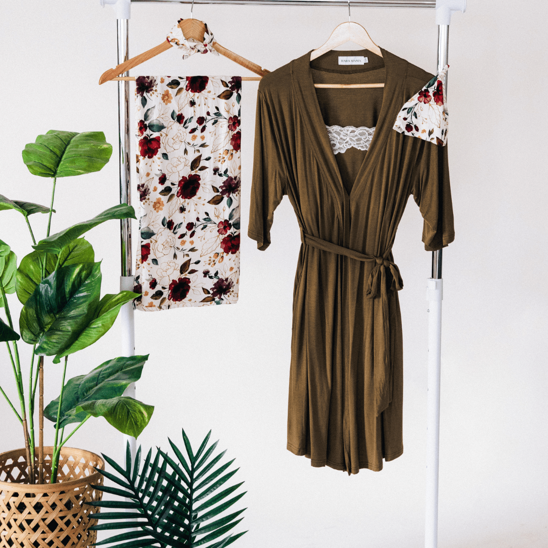 Olive Green Maternity Delivery Gown & Red Rose Swaddle - HAHA MAMA Clothing