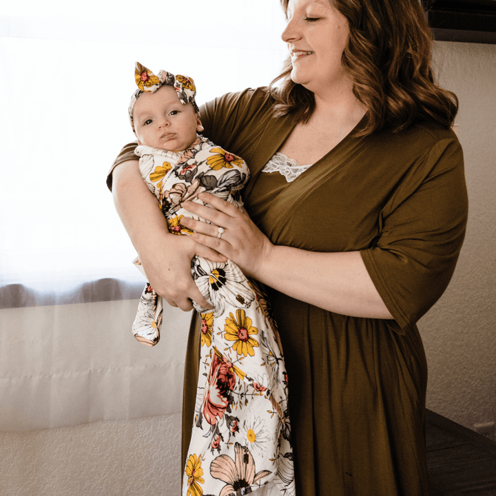 Olive Green Maternity Delivery Gown & Vintage Floral Swaddle - HAHA MAMA Clothing