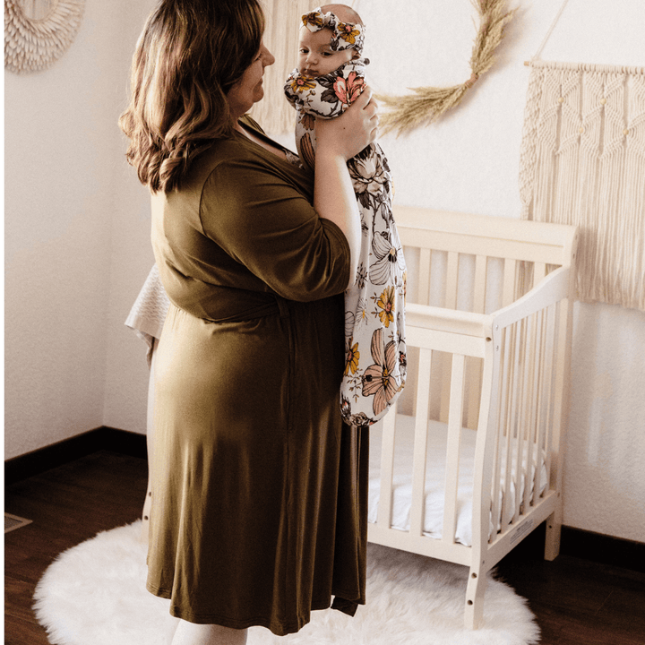 Olive Green Maternity Delivery Gown & Vintage Floral Swaddle - HAHA MAMA Clothing