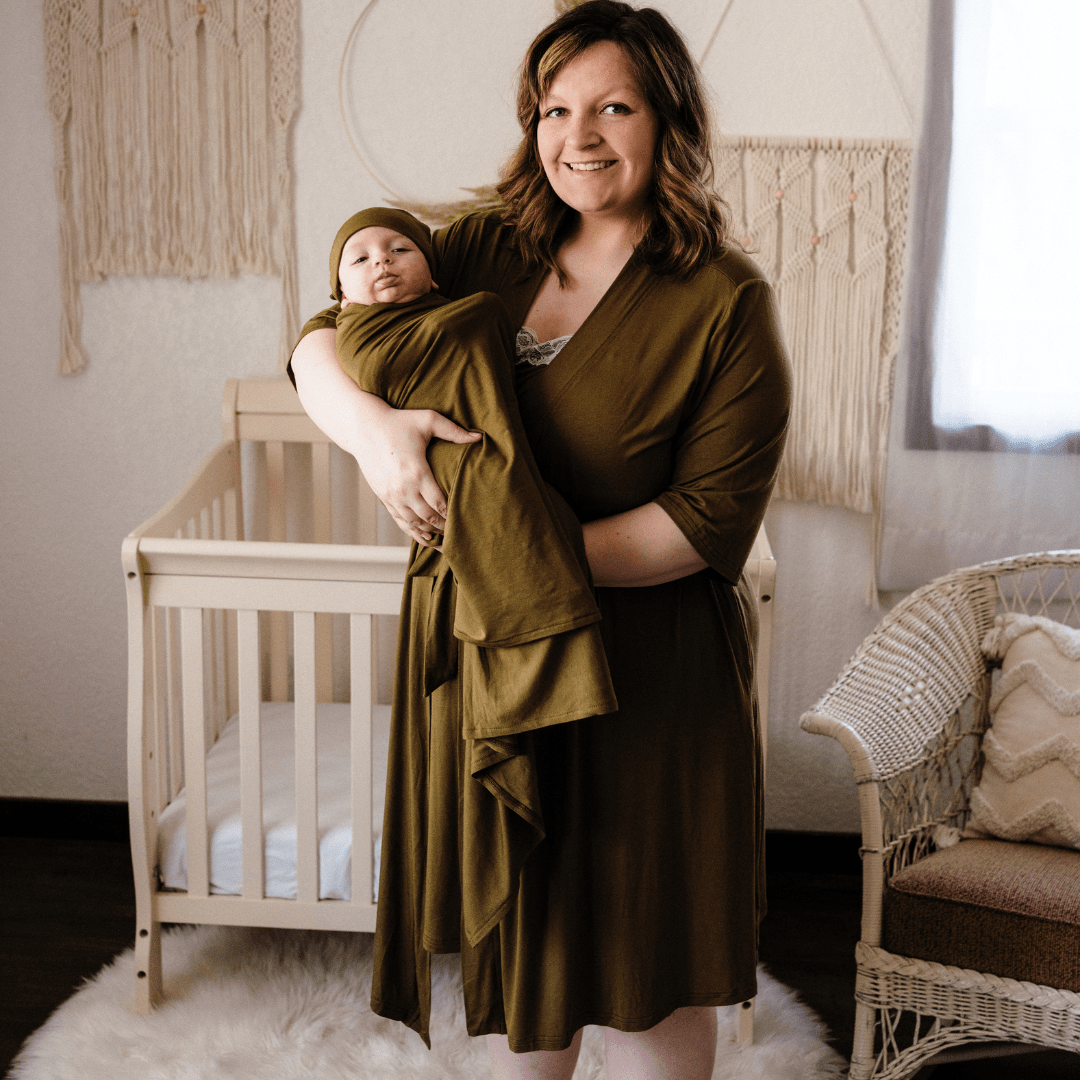 Olive Green Maternity Delivery Gown & Matching Swaddle - HAHA MAMA Clothing