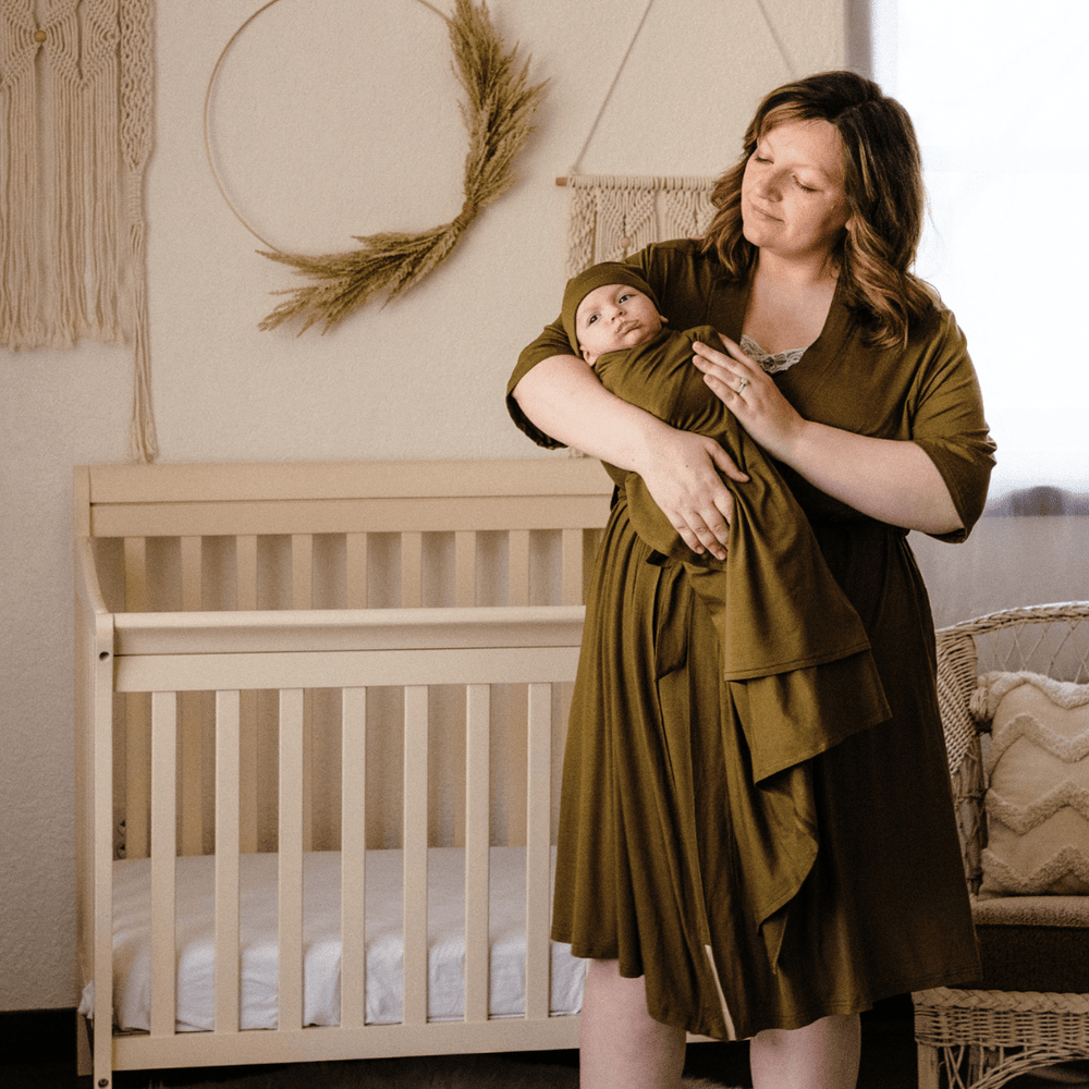 Olive Green Maternity Delivery Gown & Matching Swaddle - HAHA MAMA Clothing